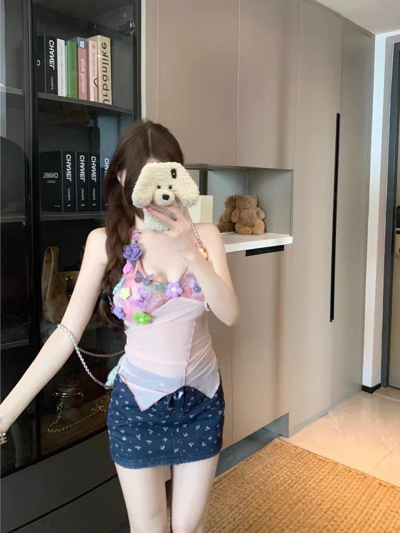 辣妹风极简风性感风通勤背心吊带套装欧美春日慢人风一体式带胸垫