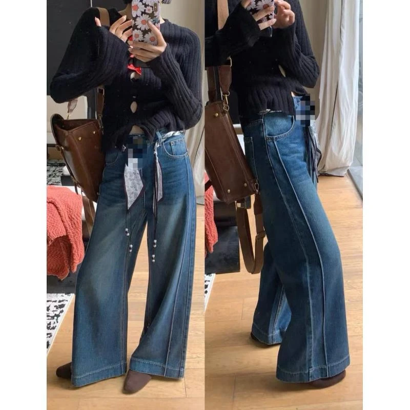 003（图片以直播间实物为准)复古蓝高级感直筒宽松牛仔拖地裤女