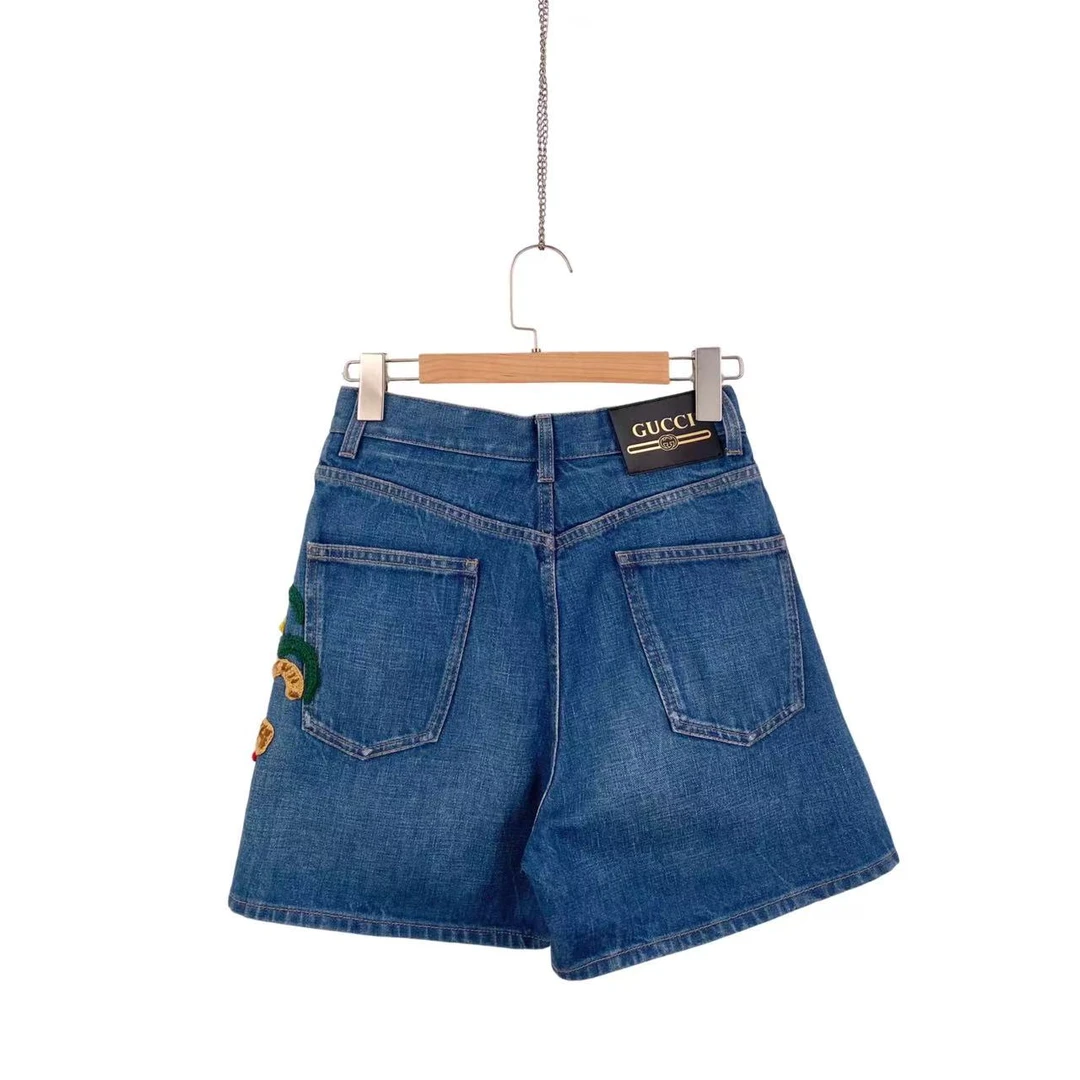 未使用 GUCCI/古驰 yy790 棉 虎年限定图案刺绣牛仔短裤 25码
