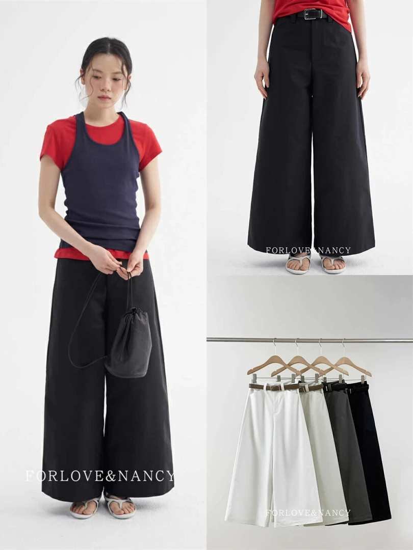 【FN】11364韩版高腰双面棉百搭小个子直筒阔腿九分休闲裤(配腰带)