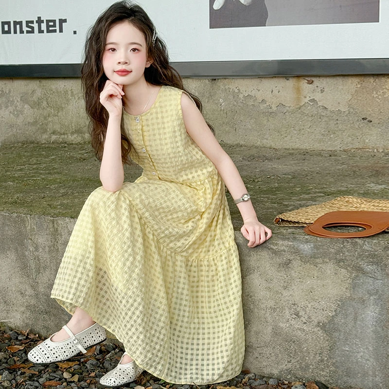 女童格子连衣裙夏季2025新款洋气中大儿童时尚韩系背心长裙沙滩裙