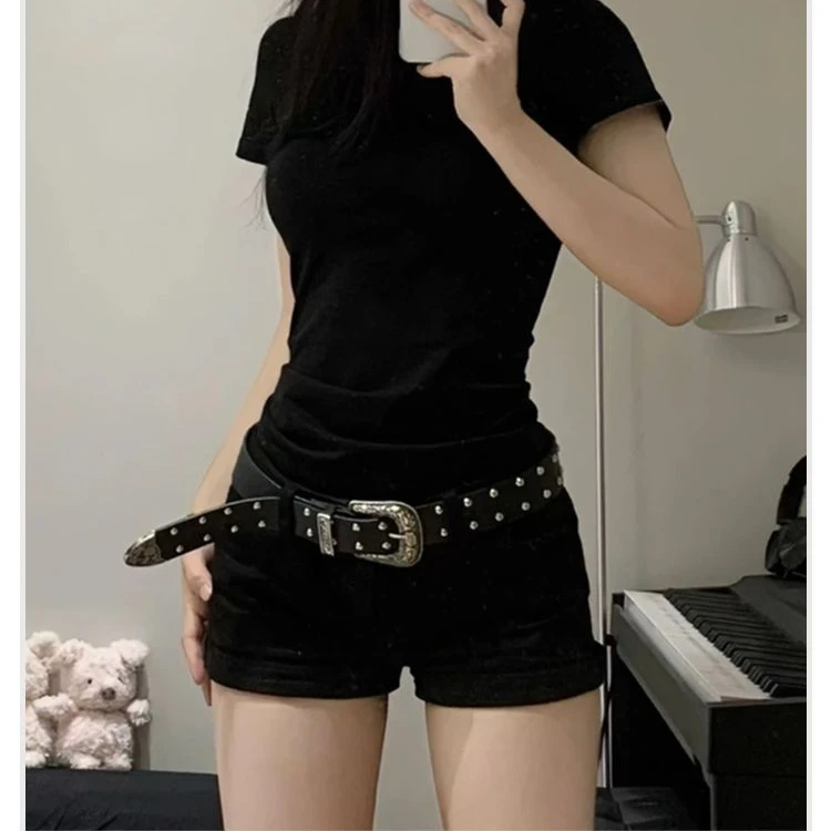 仿皮带辣妹女铆钉金属扣裤带千禧风美式复古重工朋克黑色腰带y2k