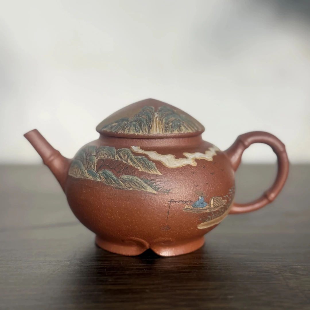 宜兴紫砂壶原矿老朱泥文人茶器小容量精品原创泥绘渔翁壶200CC