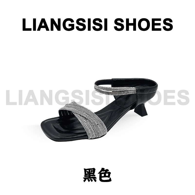 梁思思SHOES2025夏季新款法式水钻露趾方头高跟鞋-6622