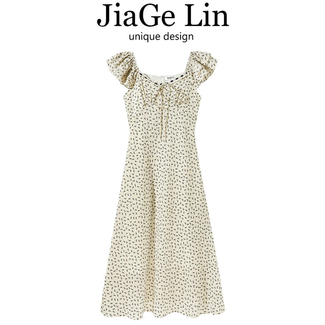 JiaGeLin韩系洋气百搭碎花收腰系带飞飞袖连衣裙女夏气质显瘦长裙