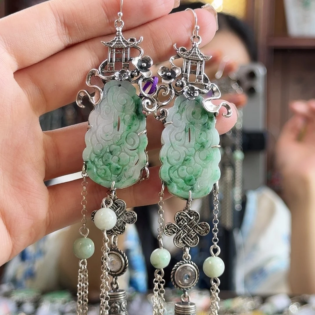 翡翠银S925镶嵌耳饰