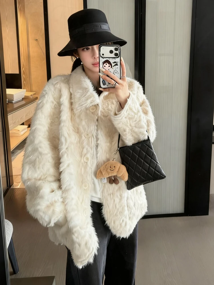 环保皮草白色毛毛外套女秋冬新款翻领短款超好看毛绒大衣