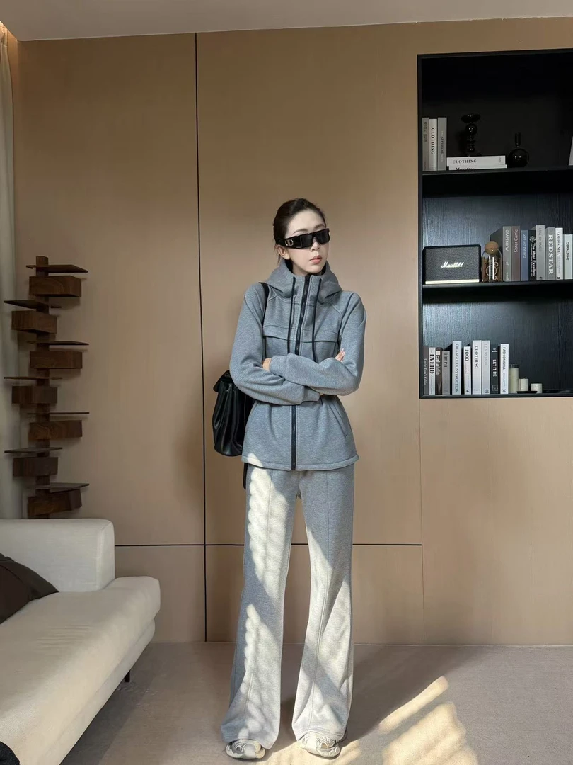 时尚套装休闲修身秋季高级气质连帽高个子上衣裤子两件套L1069
