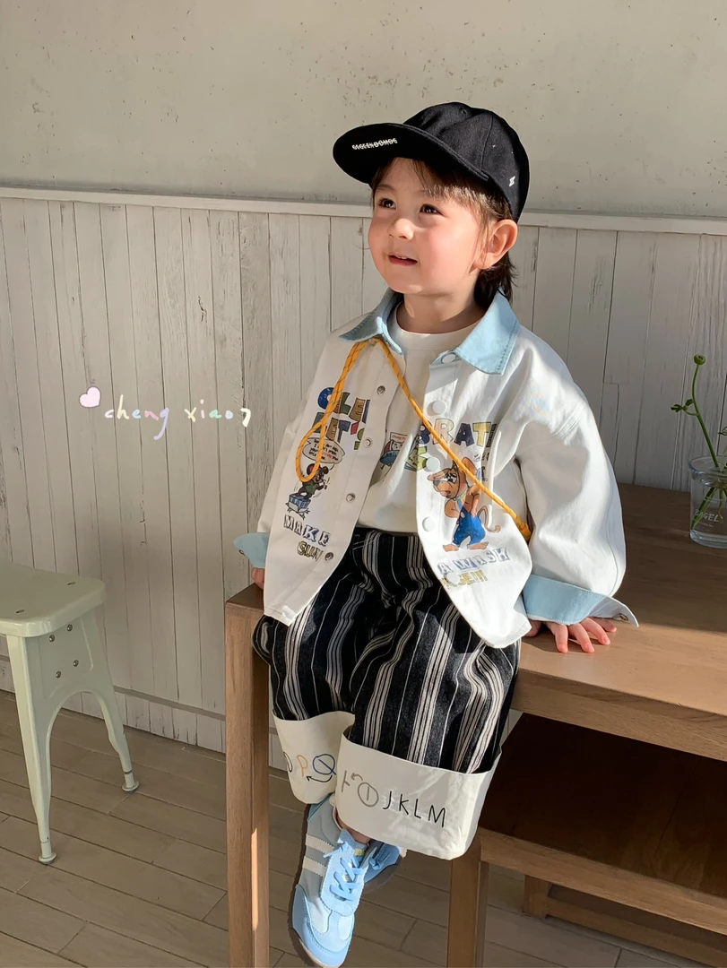 橙小七2025春季新款男童小童卡通印花衬衫外套条纹直筒裤长袖打底