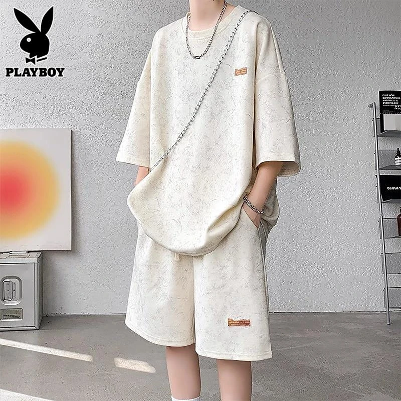 花花公子冰丝休闲套装男士扎染短袖搭配运动短裤帅气夏季两件套男