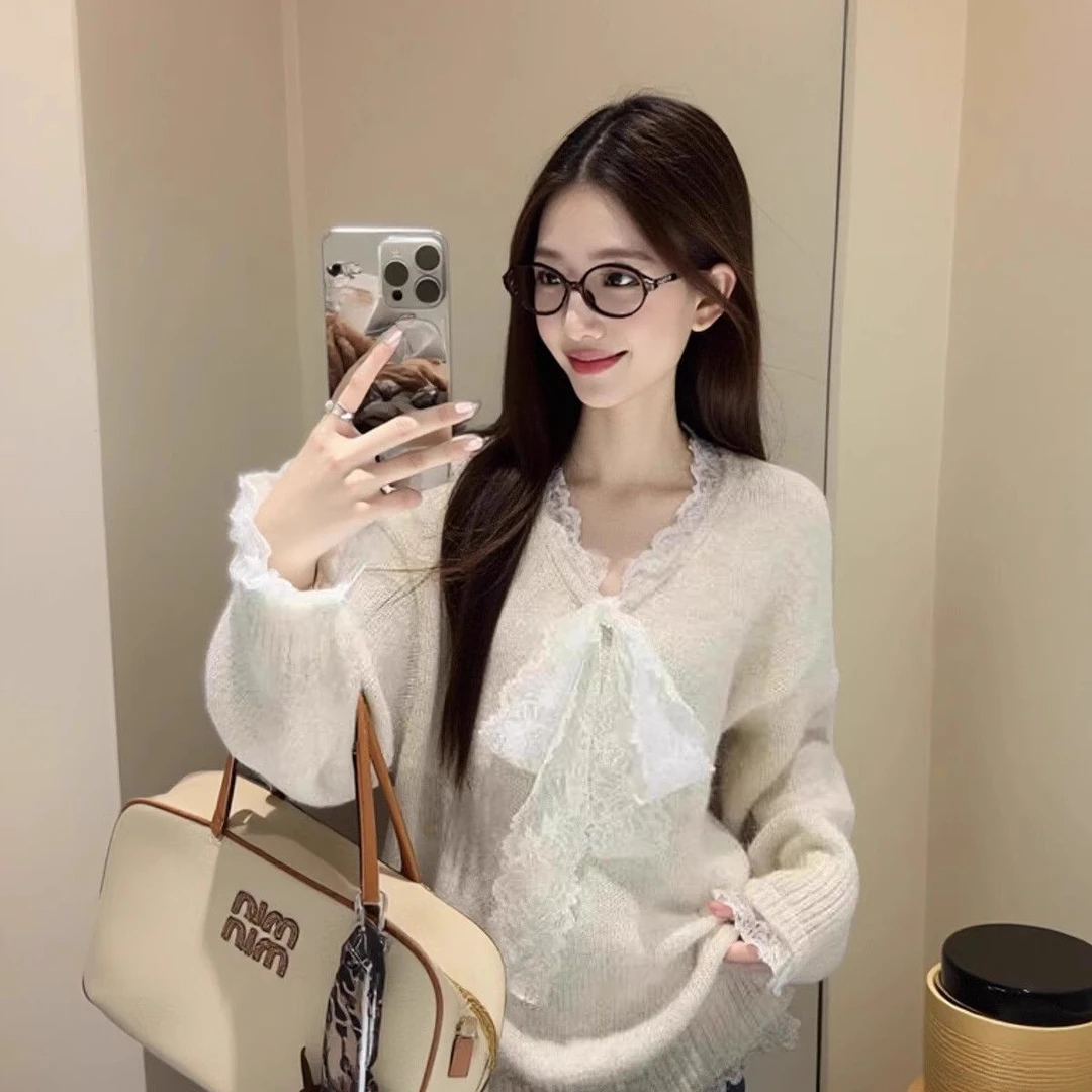 2024秋冬慵懒风蕾丝结拼接宽松长袖毛衣针织衫辣妹性感上衣女