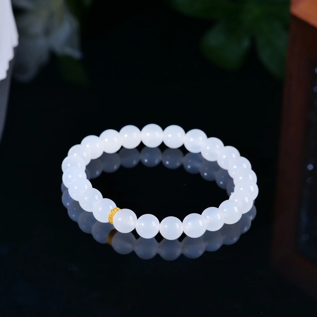 【小雨来了】18k金 和田玉8mm青海高冰白玉手串 玉手链 和田玉手串