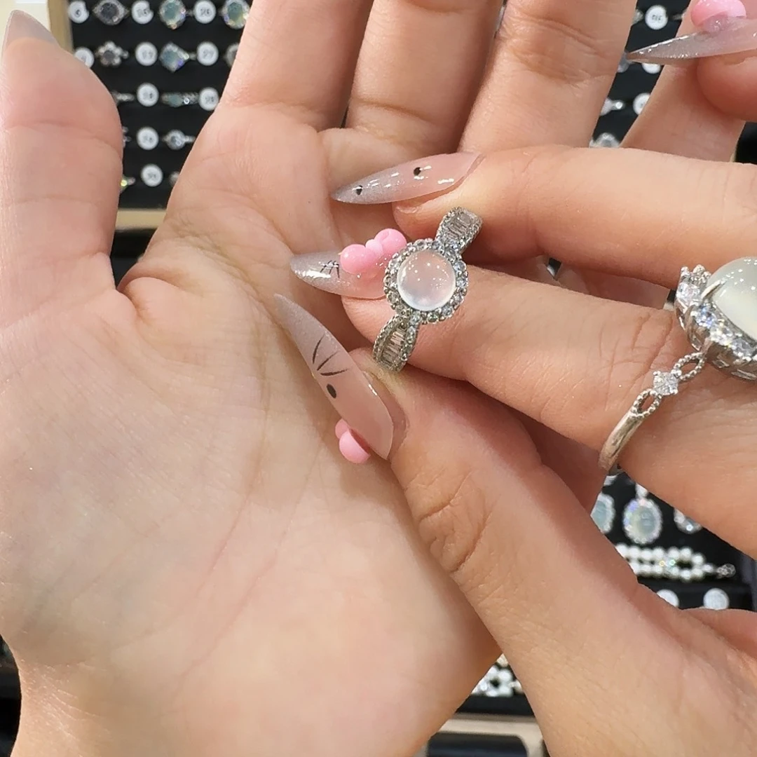 银S925镶嵌蛇纹石玉戒指小*女