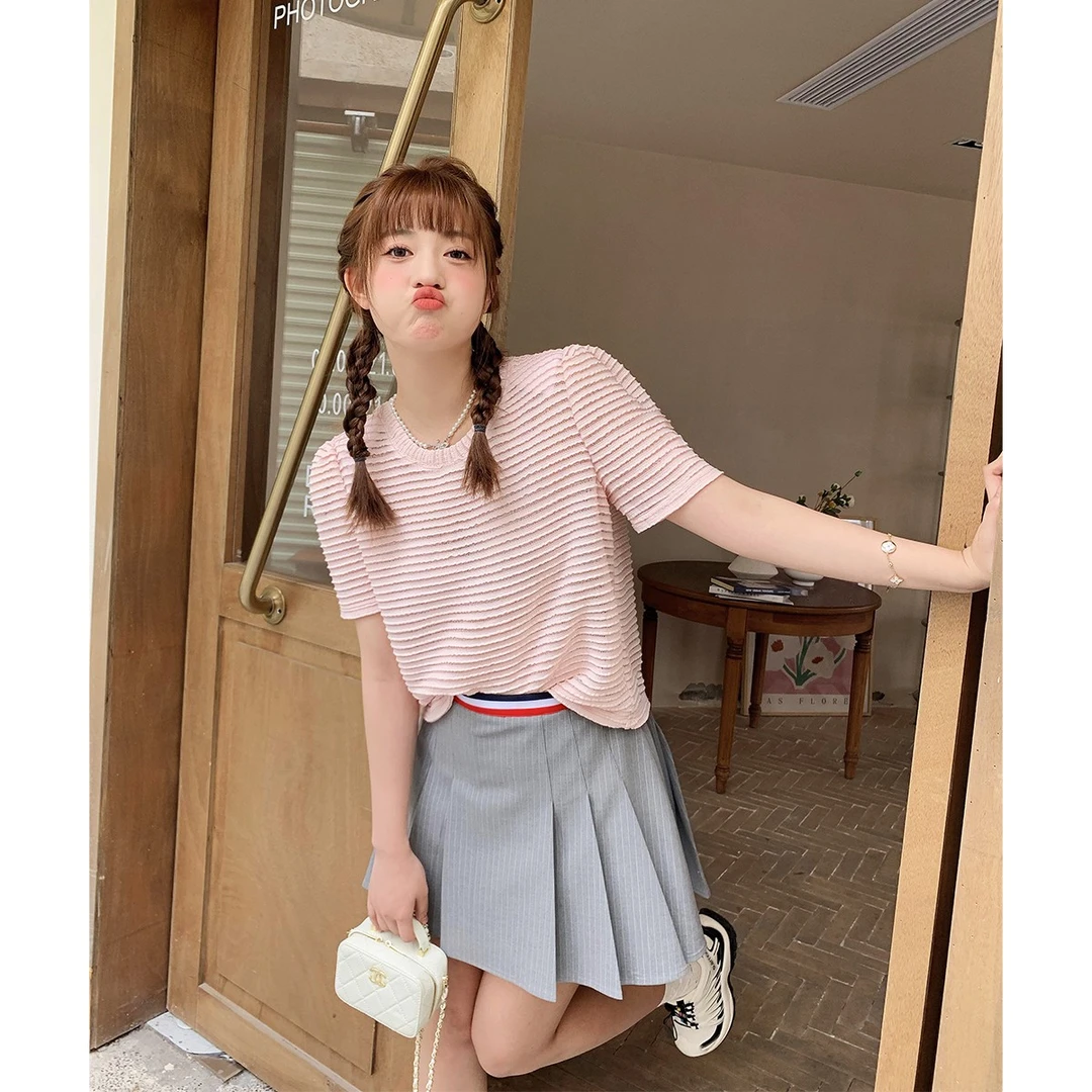 晶咕白标~打破rule～横纹肌理感短袖T夏季时尚百褶上衣显瘦洋气