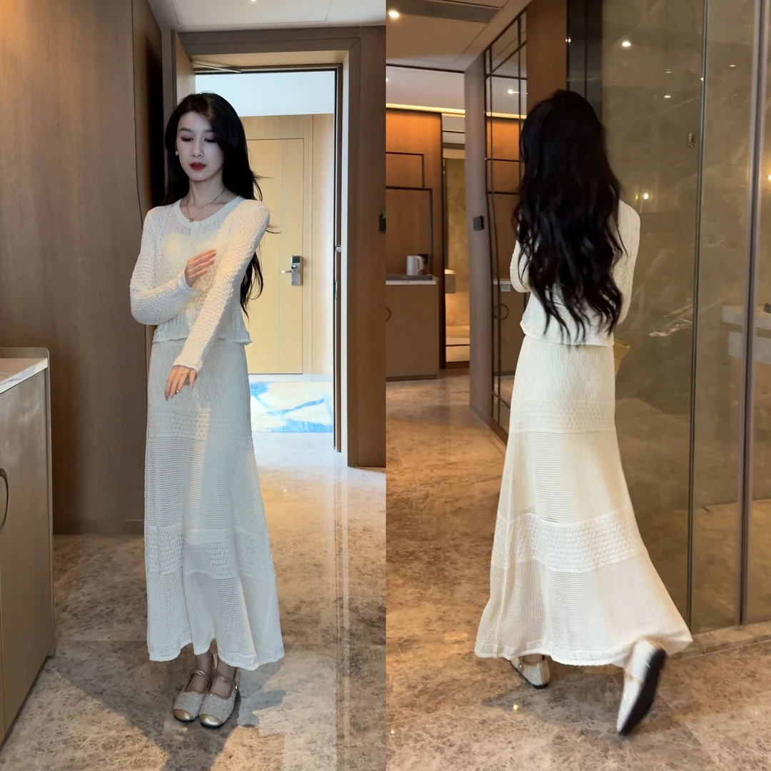 法式温柔风镂空钩花针织开衫半裙套装