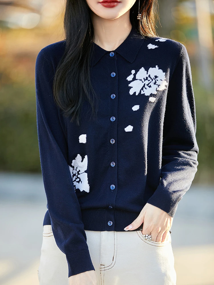 PY6170时尚减龄洋气提花精仿针织开衫外套女新款POLO领衬衫毛衣