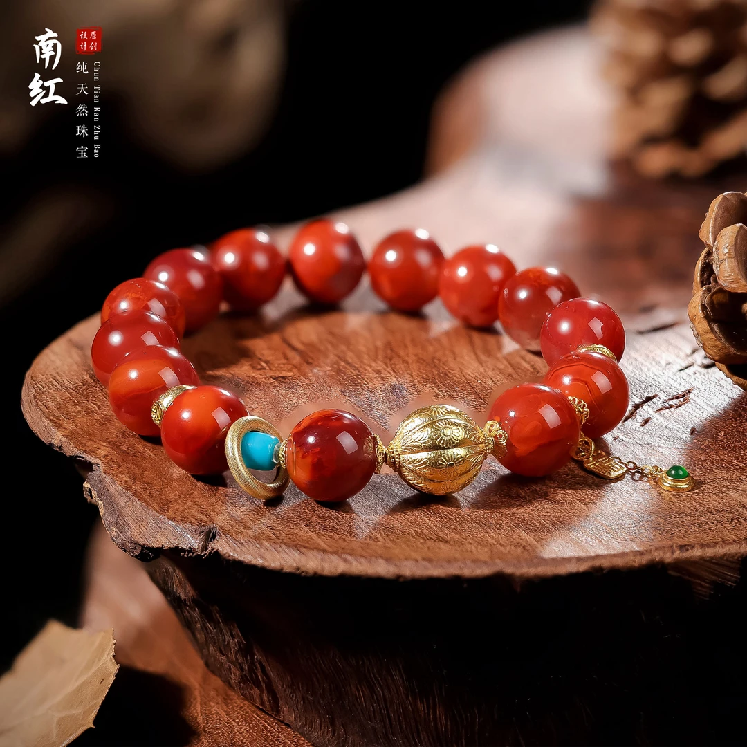 【桃总推荐】diy18k火焰纹南红11mm圆珠手串@@ZY50312001