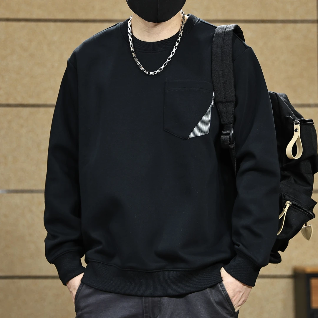 高级感300g重磅圆领卫衣男秋季休闲宽松撞色口袋设计感复古上衣服