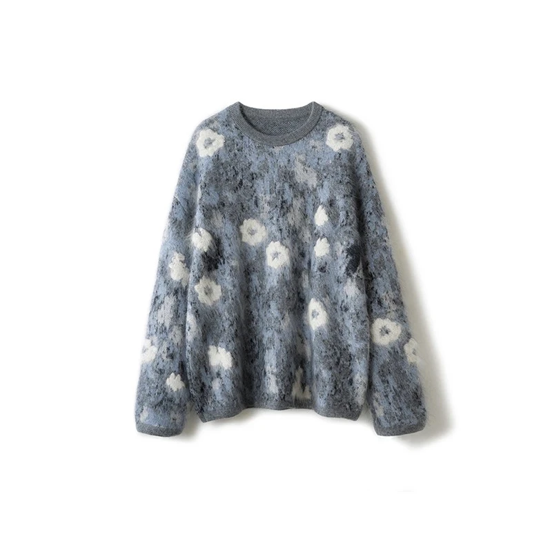 【莫奈花园】山羊绒拉绒针织厚款刺绣花卉加厚宽松休闲女士圆领套头