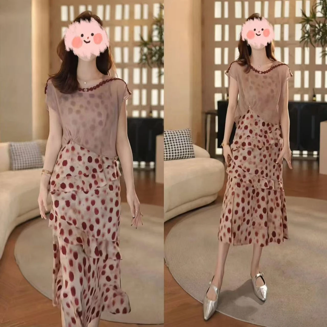 【雪雪】红烨2025夏季新款波点罩衫两件套气质高腰显瘦遮肉连衣裙子