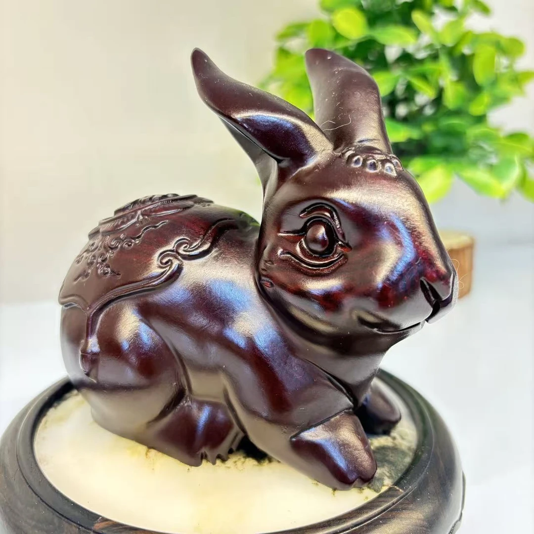 【黑檀木福财大兔子13公分+紫光檀云石圆底座形内12】木雕茶桌套装