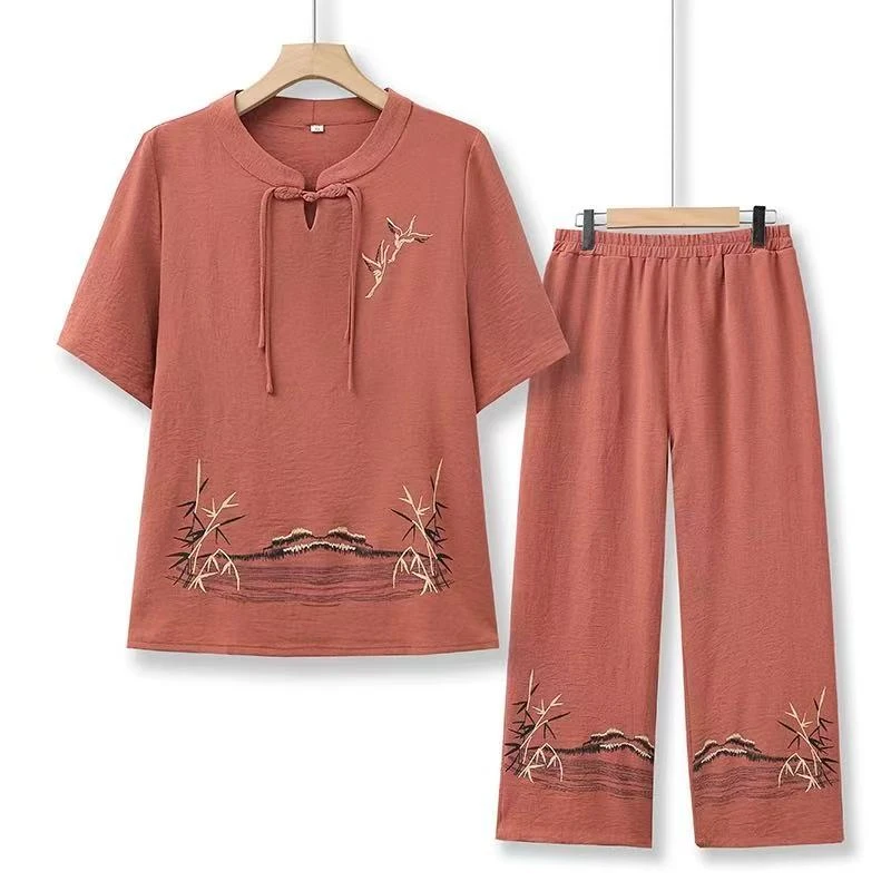 9360-新款夏装民族风短袖套装时尚洋气唐装女长裤套装【A仓直播间】