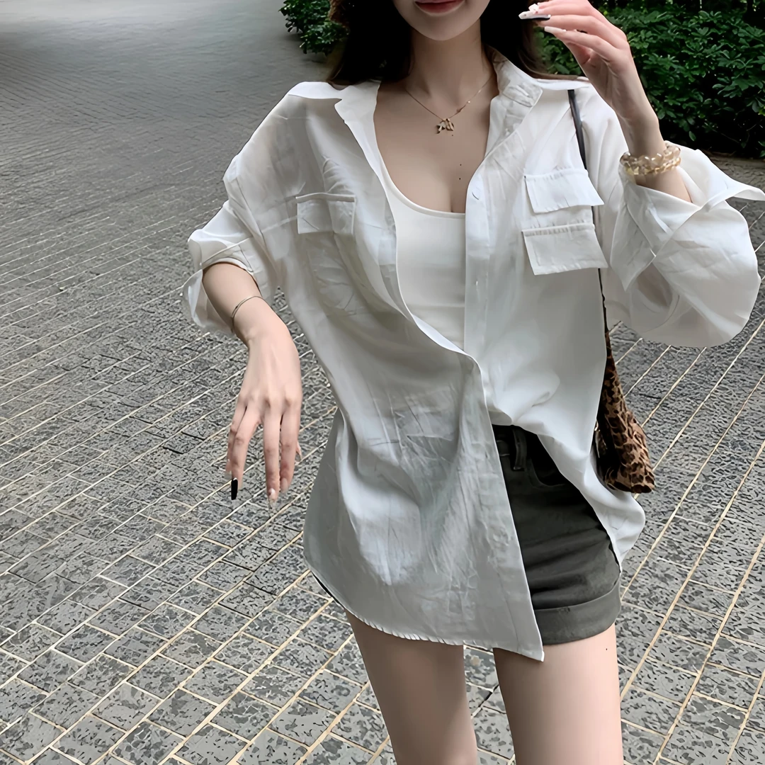 夏季气质宽松白色衬衫女2025新款透气防晒衬衣韩版慵懒风衬衣外套
