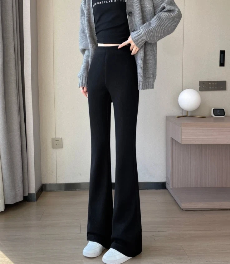 2533冬季加绒竖条纹高腰女神微喇裤