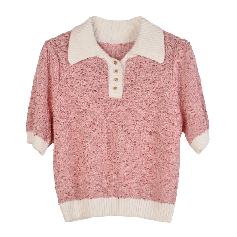 【小魏】夏季针织衫女通勤粉色套头衫polo领短袖上衣25S0011