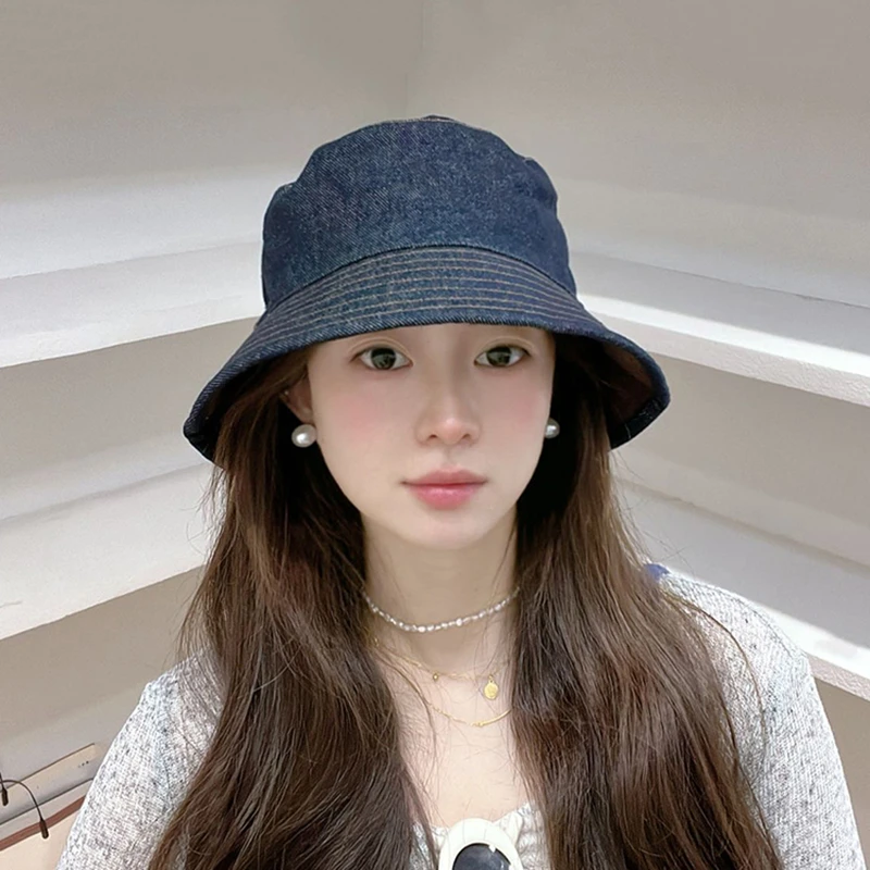 蘑糯糯同款牛仔双面戴渔夫帽女英伦复古休闲百搭显脸小气质盆帽子