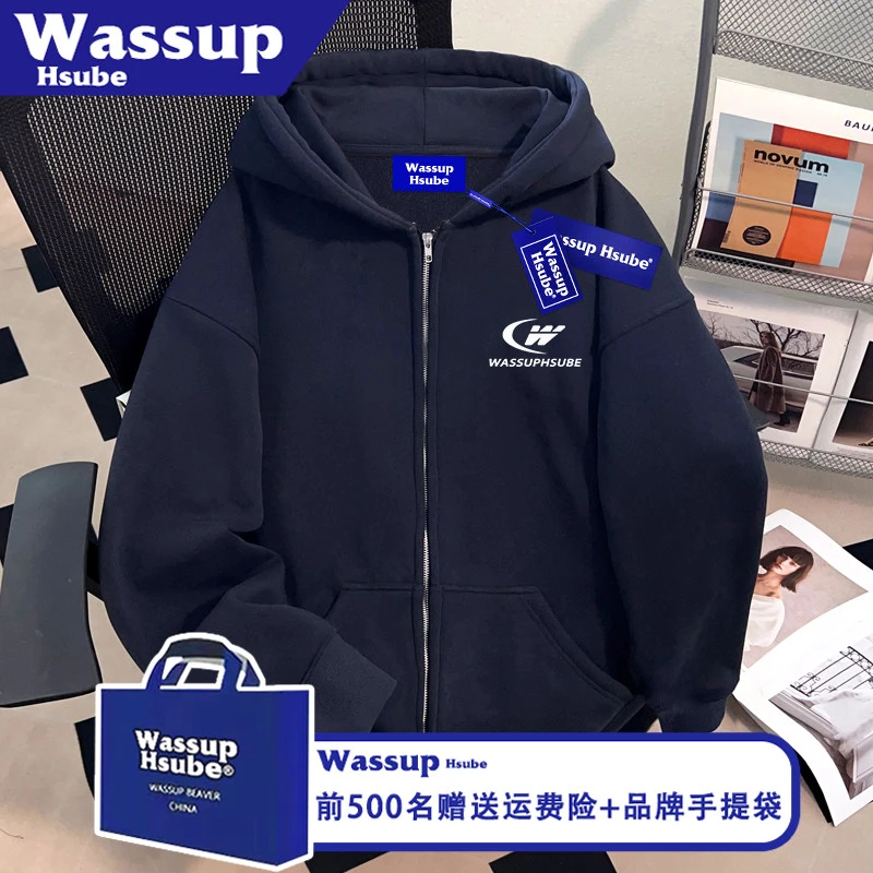 WASSUP HSUBE高级感字母印花卫衣秋冬连帽藏青色外套拉链男女开衫
