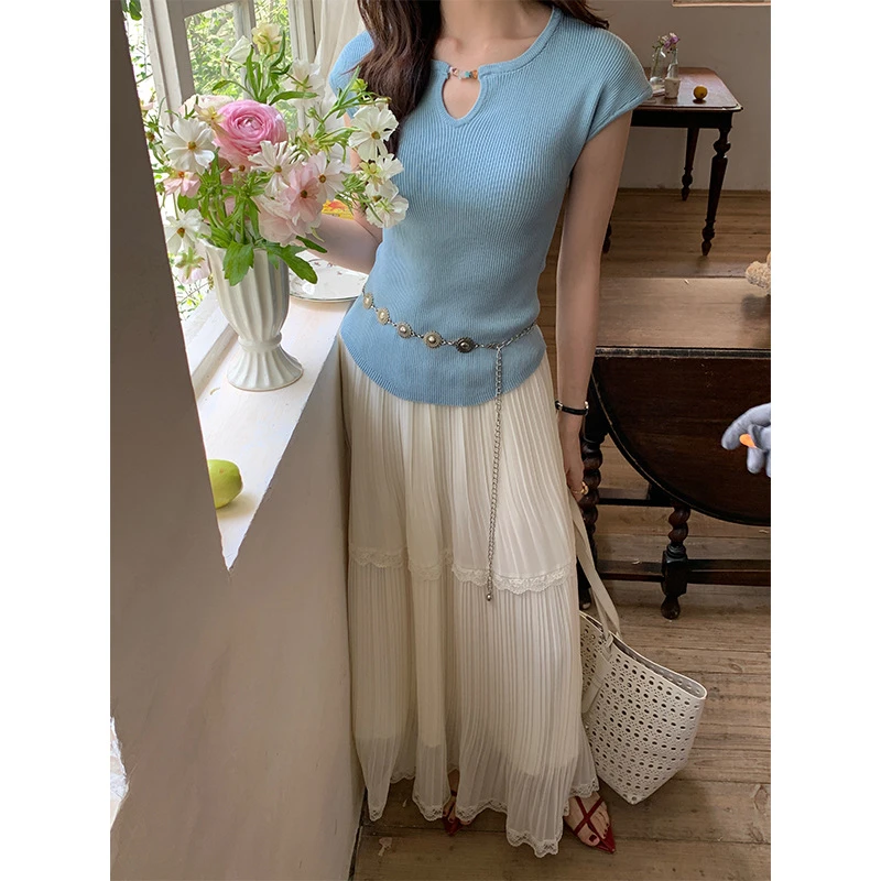 夏季简约风U领针织短袖拼串珠装饰设计小飞袖上衣