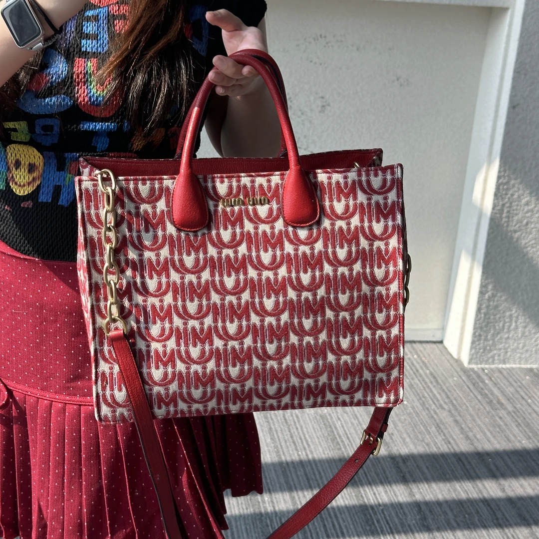 95新 MIU MIU/缪缪 老花印花链条肩带托特包手提购物袋包