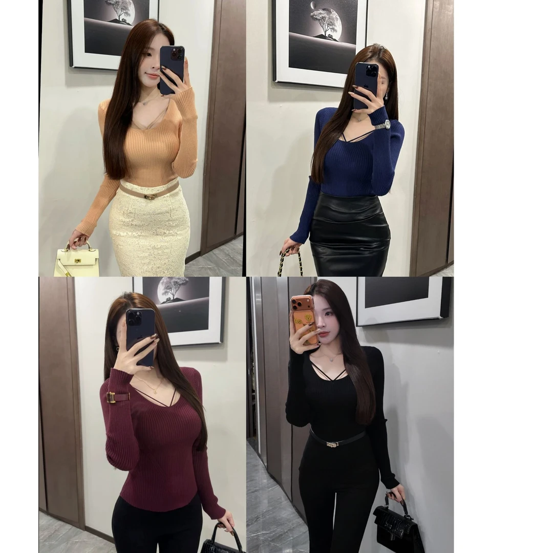 U领长袖针织打底衫女纯欲性感修身套头上衣