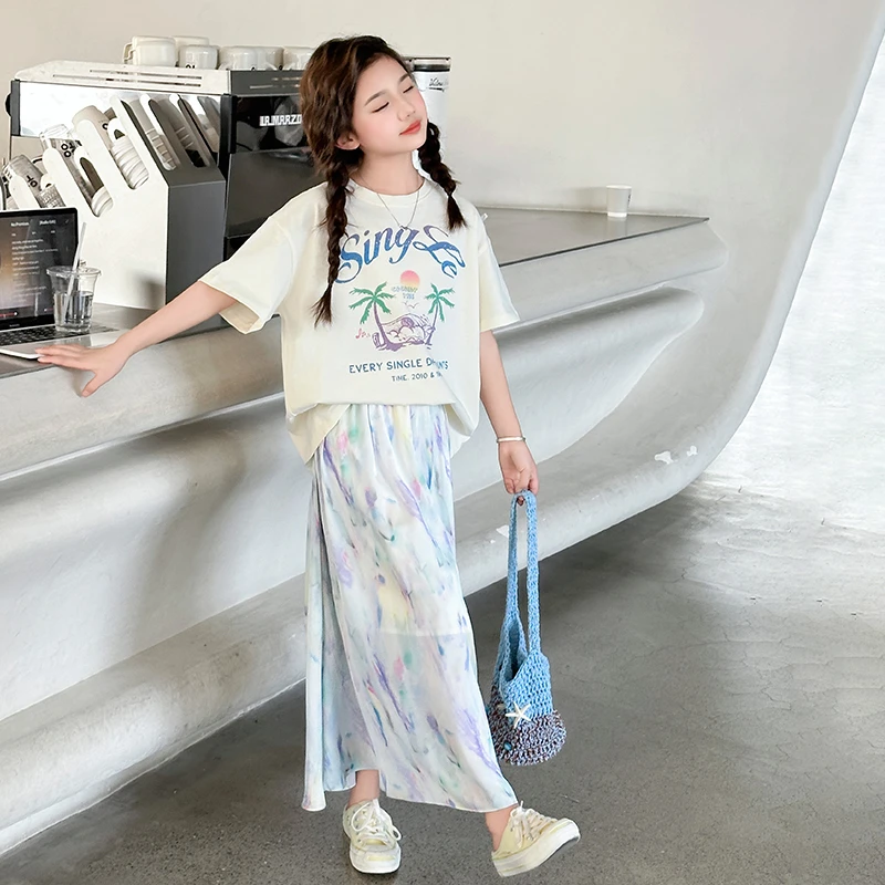 女童夏季套装2025新款中大童6-12岁15岁洋气椰树T恤半身裙 两件套