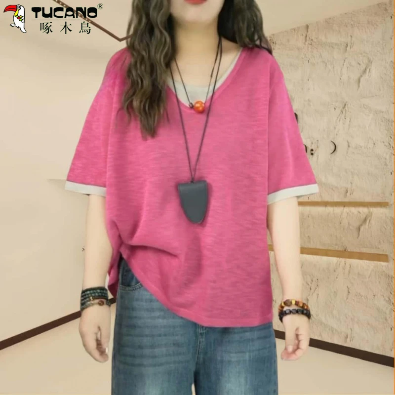 夏季宽松短袖假两件T恤女2025休闲百搭时尚宽松撞色V领薄款上衣