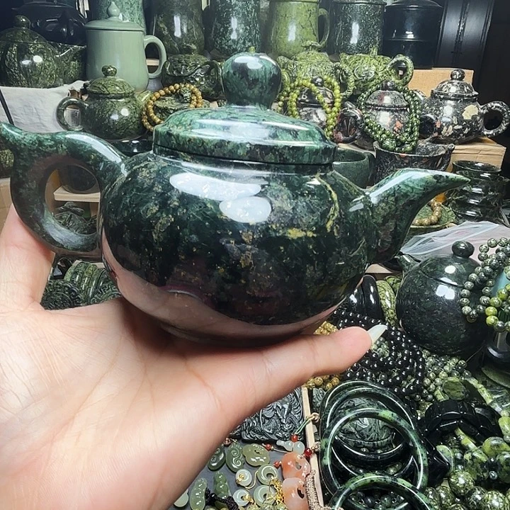 蛇纹石玉未镶嵌珠宝半成品藏玉药王石福利款满金花茶壶