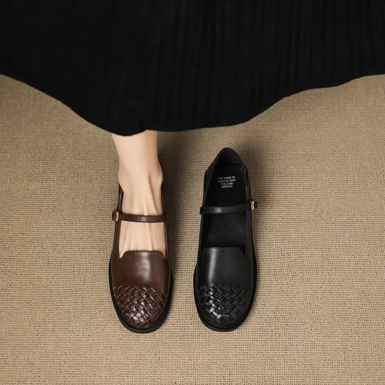 【跟高2.5CM】牛猪羊/编织一字带粗跟玛丽珍女鞋平底女单鞋