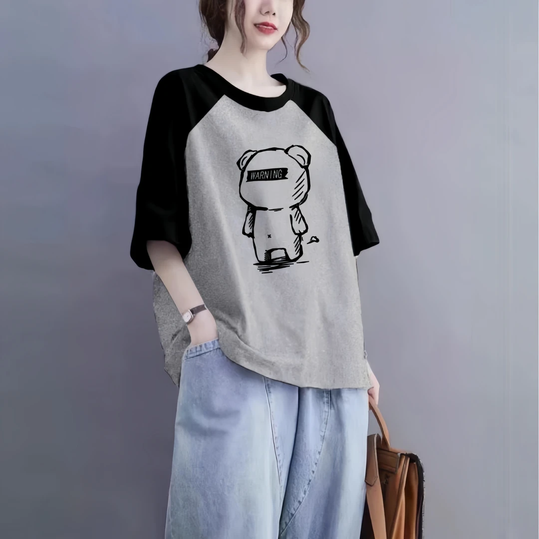 潮牌100%插肩纯棉短袖T恤大码女装时尚宽松百搭显瘦设计感休闲风