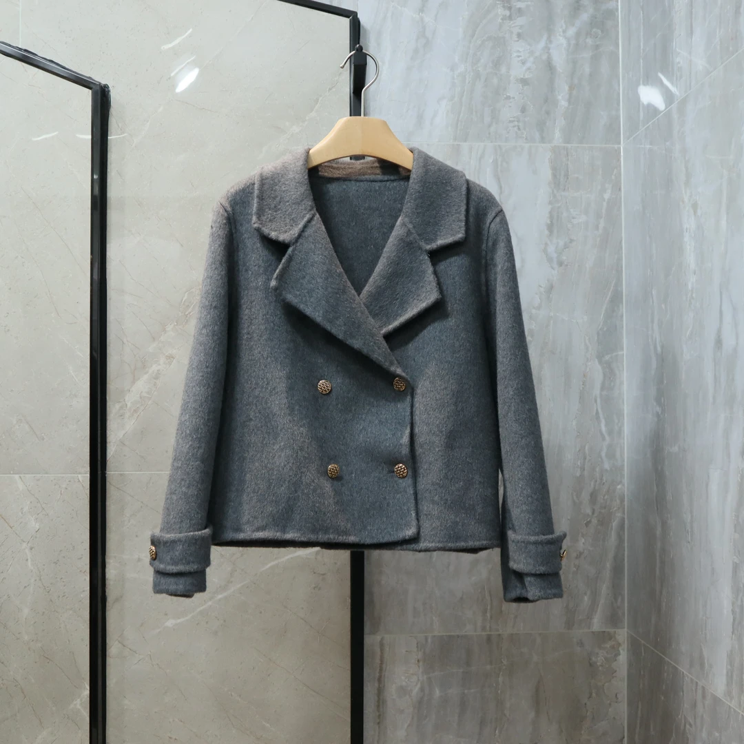 百搭毛呢外套双面西装领短款排扣翻领秋冬呢大衣方领
