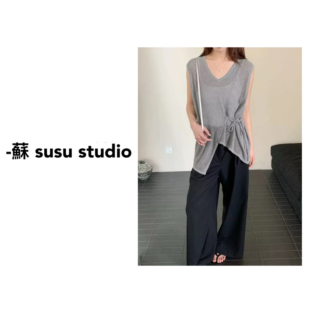 JS25薄款V领无袖针织背心设计感显瘦上衣不规则绑带镂空针织马甲