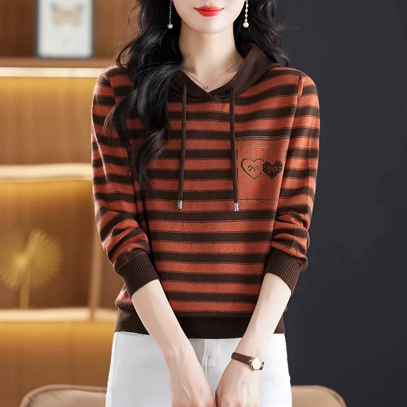 343#【爱玛橘--显白条纹帽衫】2025新款秋冬加厚针织上衣女洋气百搭