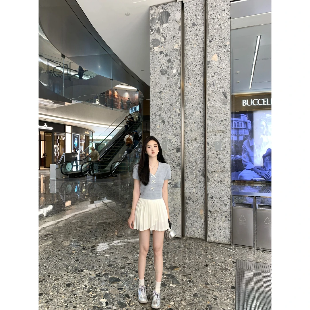 Zzhen【芭丝甜乐】芭蕾风蝴蝶结丝带针织衫甜美修身上衣 DTX689