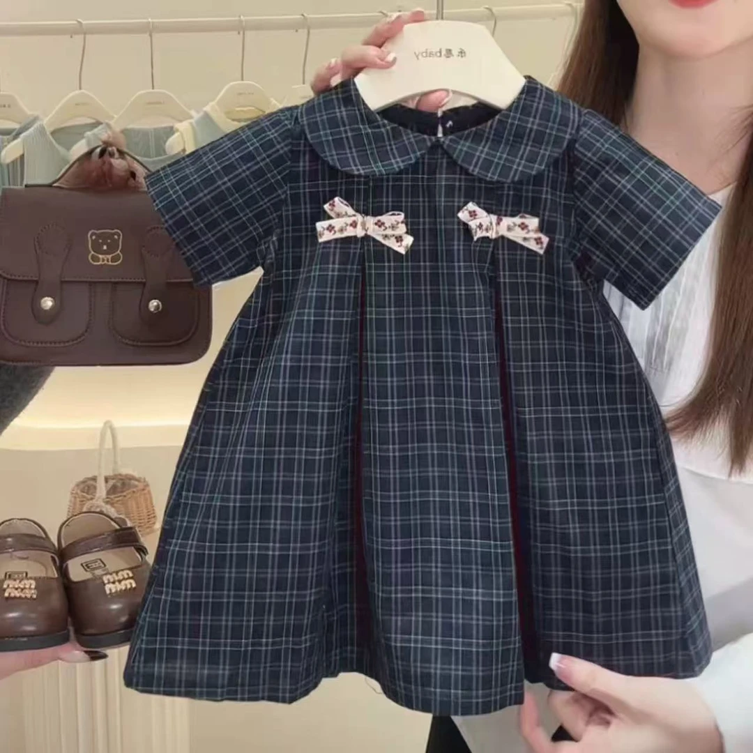 现货圆子家女童夏韩版格子连衣裙新款洋气儿童娃娃领蝴蝶结公主裙