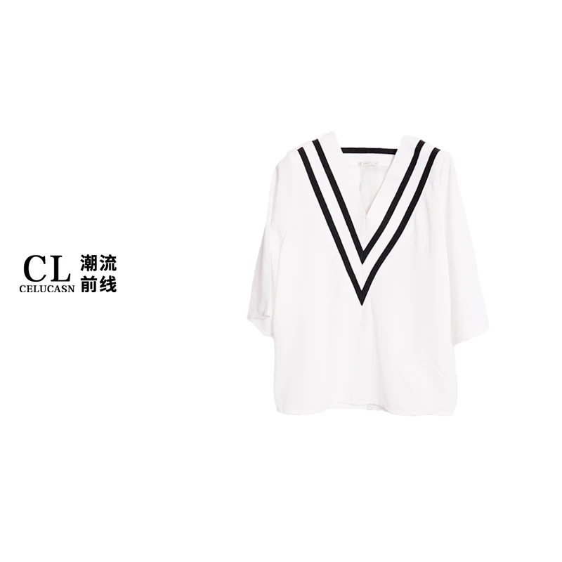 K7CI3F04#春季新款女士百搭设计V领拼接女中袖上衣