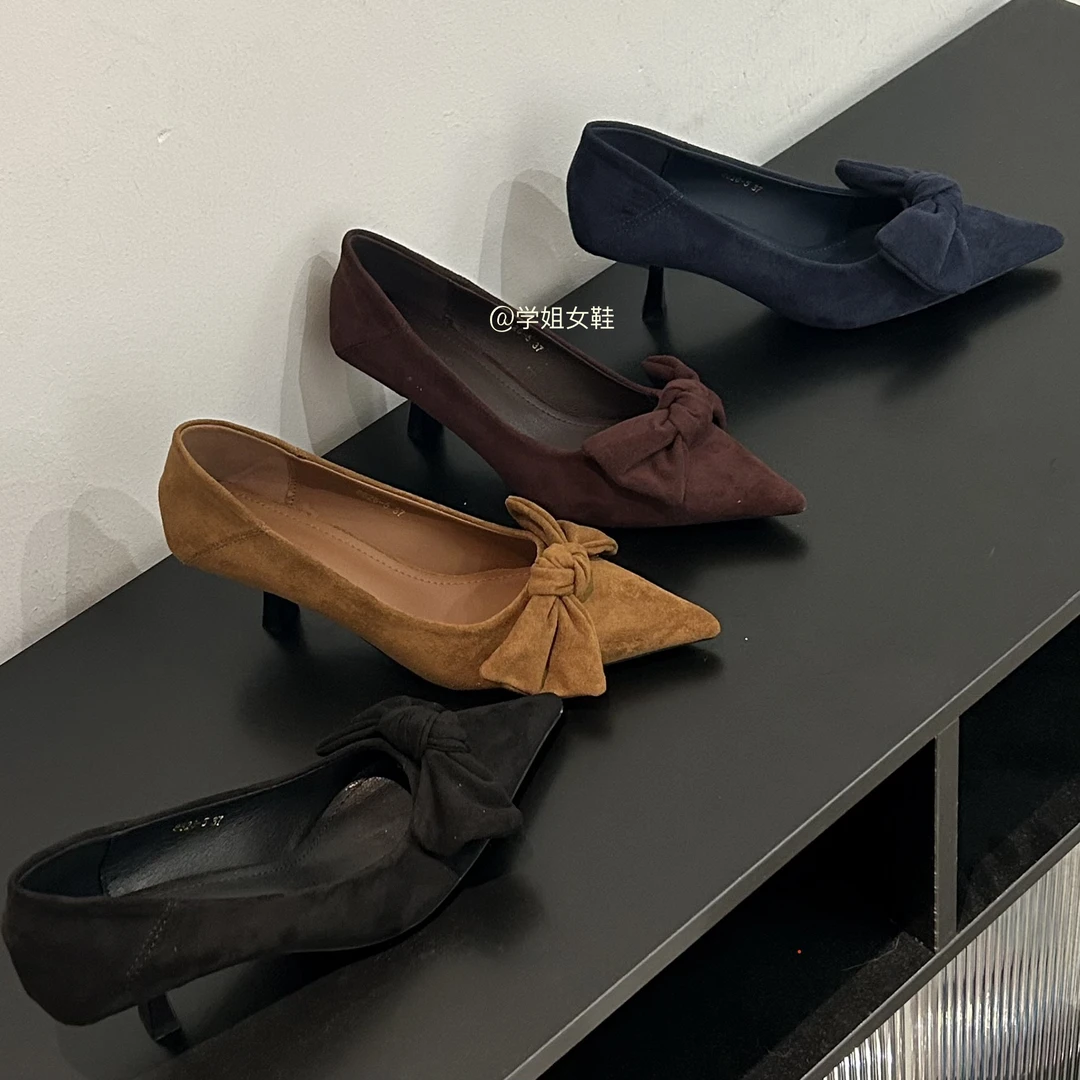 2025秋季新款尖头绒面蝴蝶结复古高跟鞋女时尚百搭细跟通勤单鞋