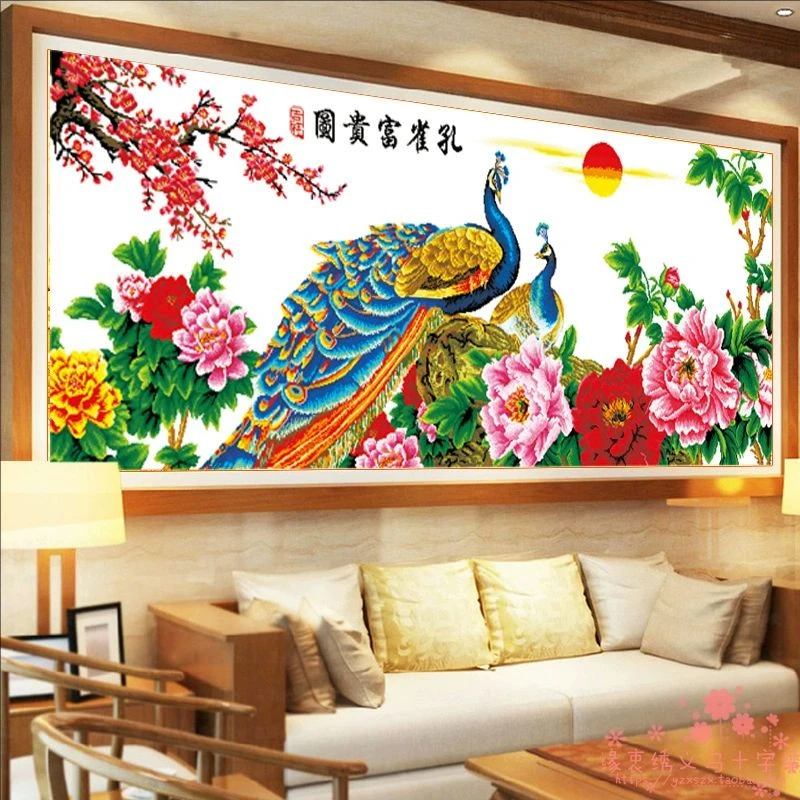纯手工十字绣成品花开富贵孔雀富贵图牡丹新款客厅大画绣好的出售