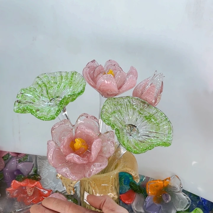 琉璃5支夜光荷花2荷叶2荷苞1 家悦花瓶摆件