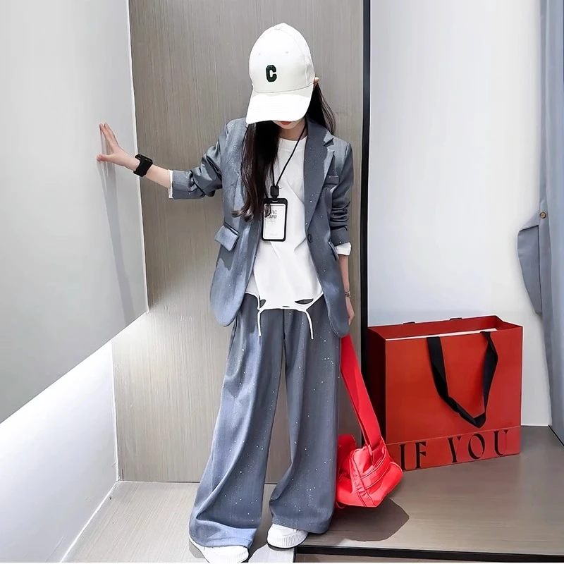 女童撒银春装套装2025新款中大童春秋洋气西服儿童街舞两件套