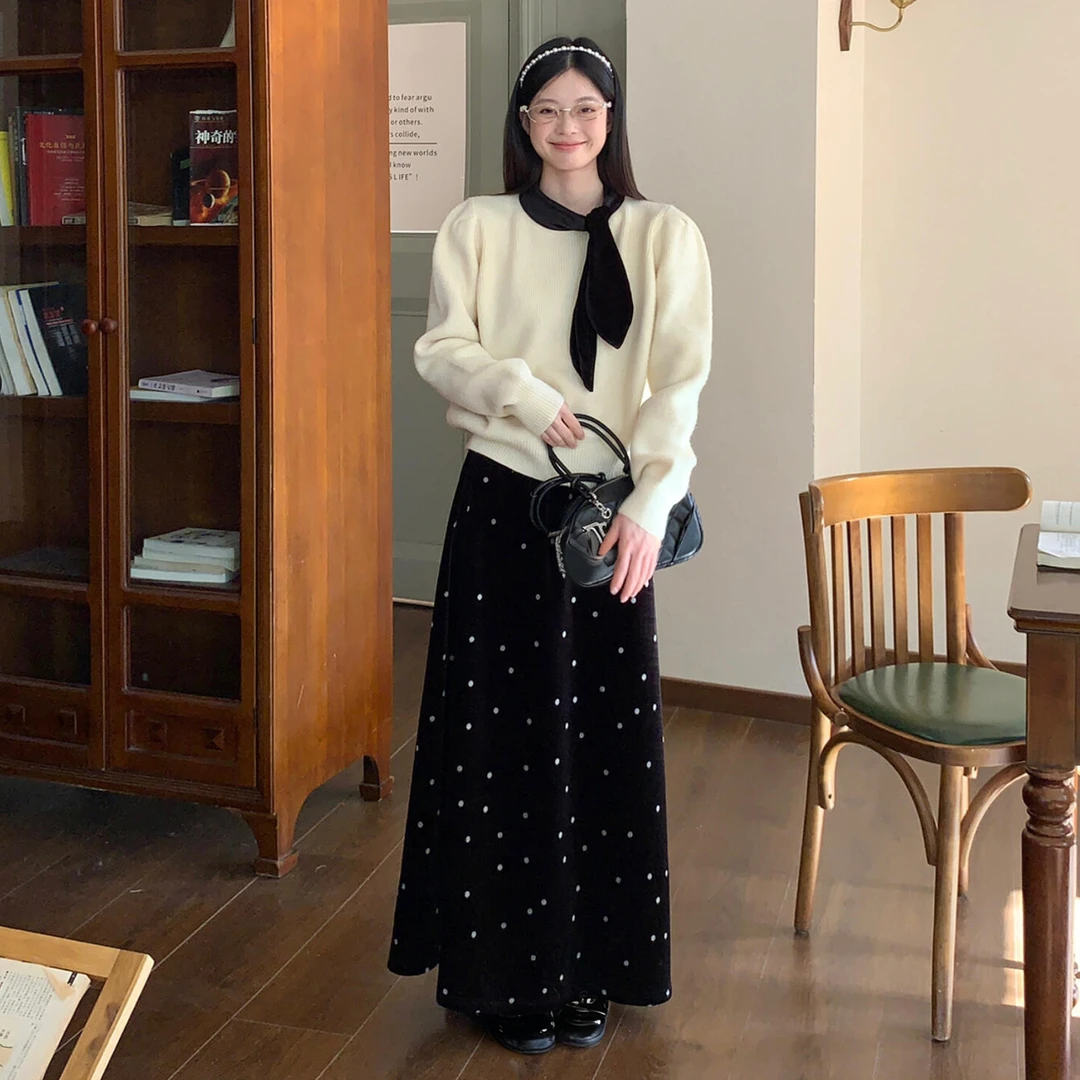 巨好看黑色波点连衣裙子女秋冬季2026新款清冷富家千金穿搭一整套